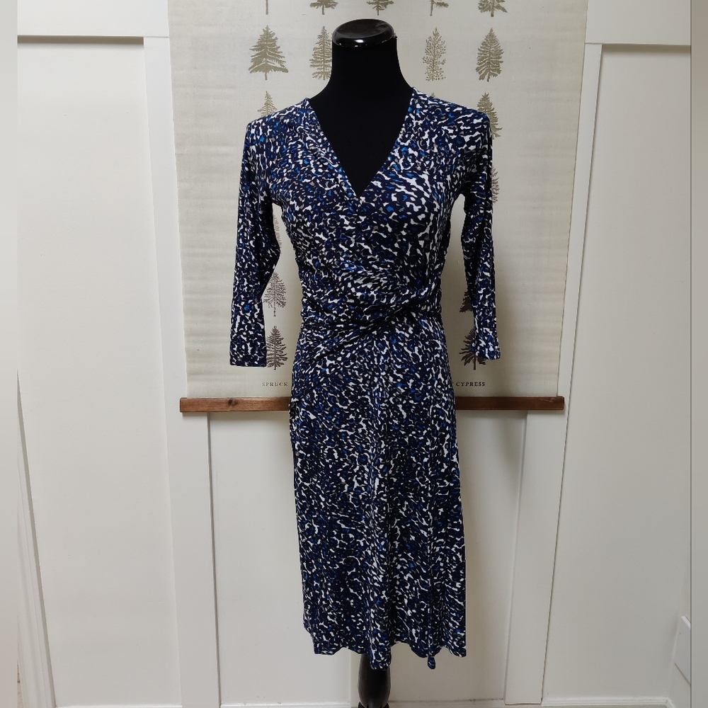 Ann Taylor Blue Abstract Print Faux Wrap Midi Dress - Size S